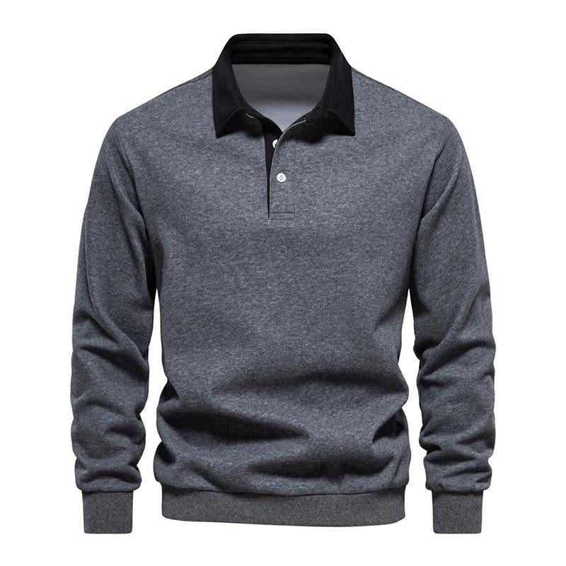 Men's Casual Color Contrasting Lapel Loose Long Sleeve Polo Shirt 72890642M