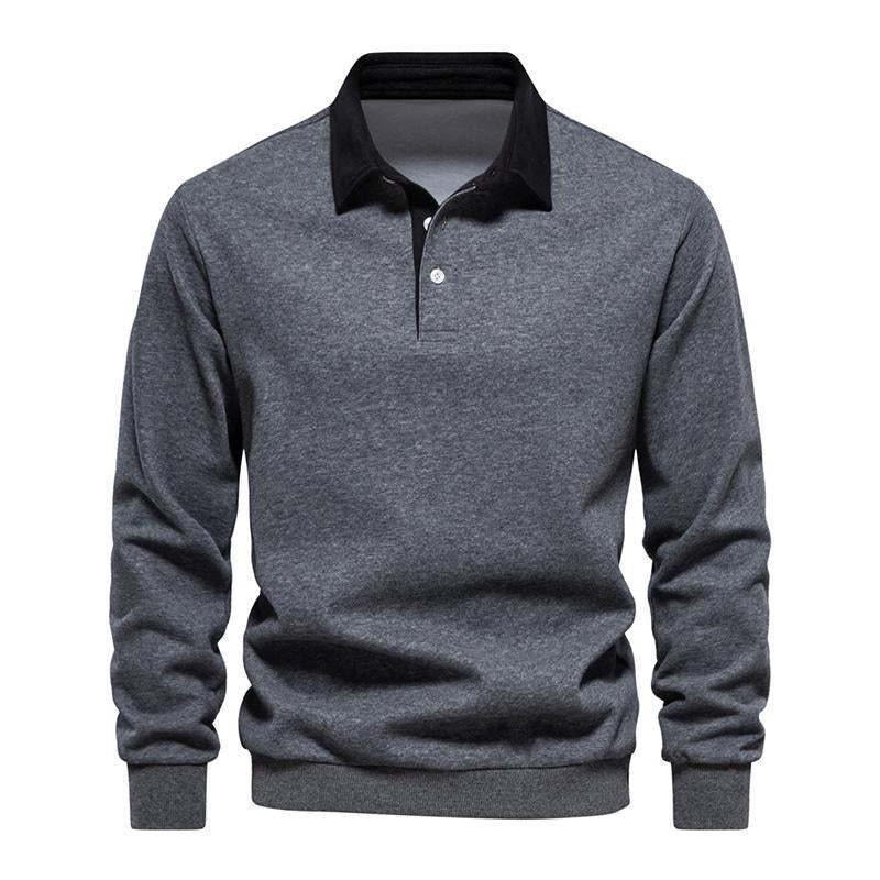 Men's Casual Color Contrasting Lapel Loose Long Sleeve Polo Shirt 7289