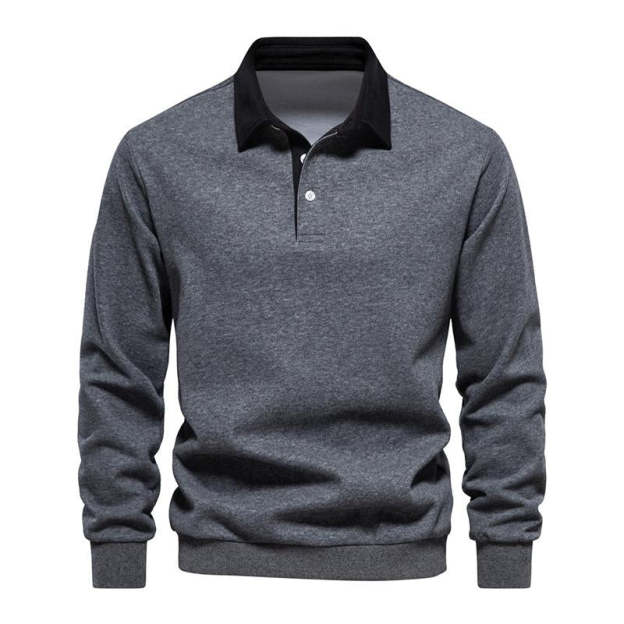 Men's Casual Color Contrasting Lapel Loose Long Sleeve Polo Shirt 7289
