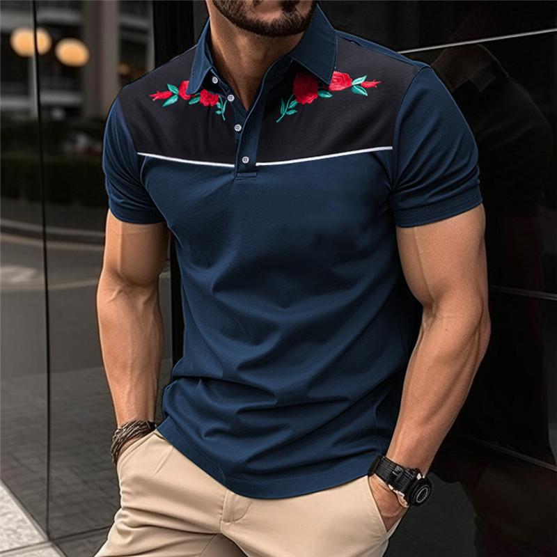 Men's Vintage Rose Embroidery Stitching Breathable Lapel Short Sleeve POLO Shirt 98245795Y