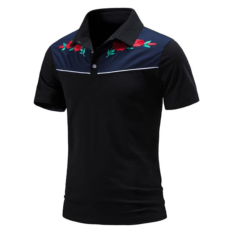 Men's Vintage Rose Embroidery Stitching Breathable Lapel Short Sleeve POLO Shirt 98245795Y
