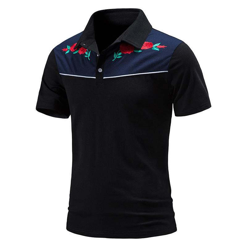 Men's Vintage Rose Embroidery Stitching Breathable Lapel Short Sleeve POLO Shirt 98245795Y