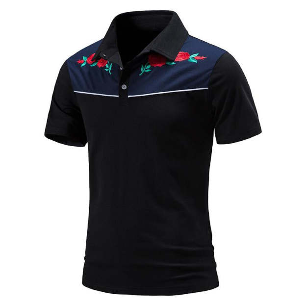 Men's Vintage Rose Embroidery Stitching Breathable Lapel Short Sleeve POLO Shirt 98245795Y