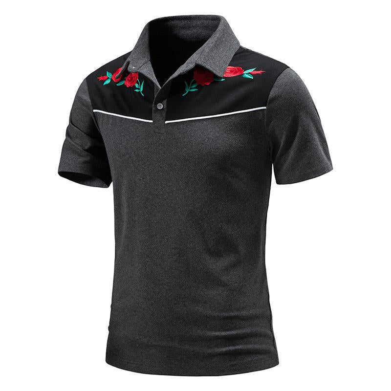 Men's Vintage Rose Embroidery Stitching Breathable Lapel Short Sleeve POLO Shirt 98245795Y