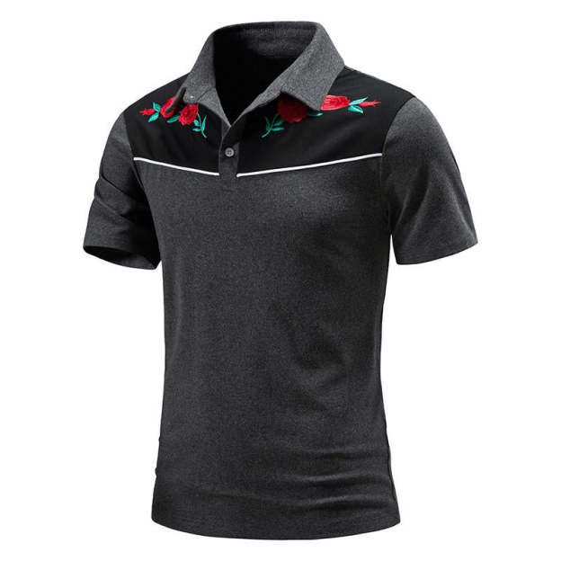 Men's Vintage Rose Embroidery Stitching Breathable Lapel Short Sleeve POLO Shirt 98245795Y