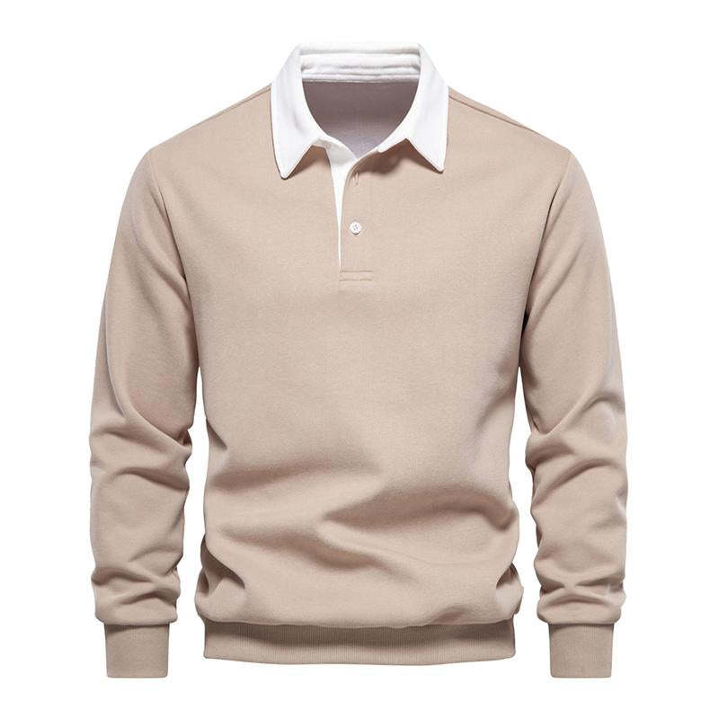 Men's Casual Color Contrasting Lapel Loose Long Sleeve Polo Shirt 72890642M