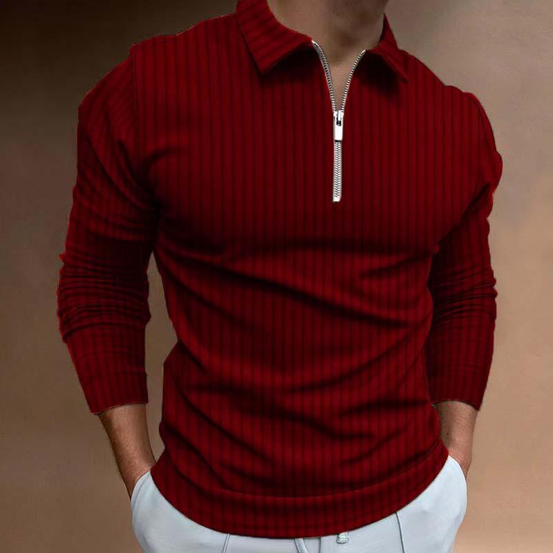 Men's Casual Striped Lapel Long Sleeve Zipper Polo Shirt 19330625M