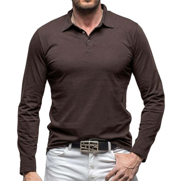 Men's Vintage Solid Color Long Sleeve Polo Shirt 60924488Y