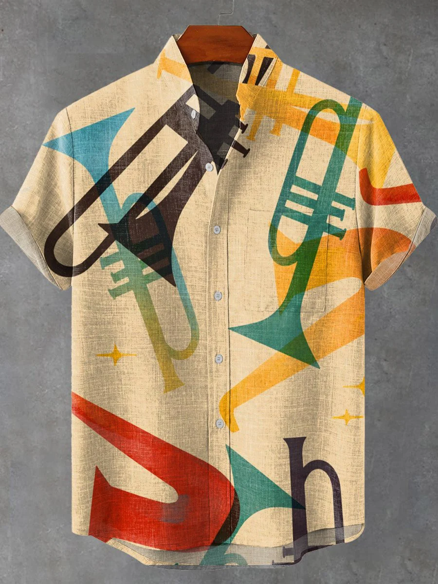 Men's Retro Music Graphic Print Casual Short Sleeve Shirt