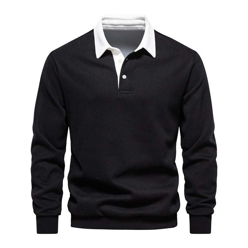Men's Casual Color Contrasting Lapel Loose Long Sleeve Polo Shirt 72890642M
