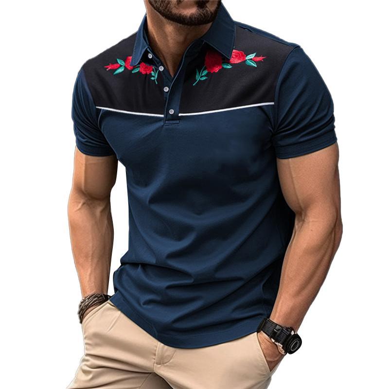 Men's Vintage Rose Embroidery Stitching Breathable Lapel Short Sleeve 