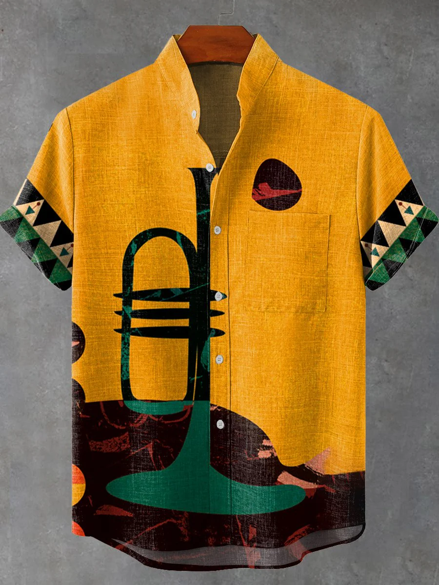 Men's Retro Music Graphic Print Casual Short Sleeve Shirt