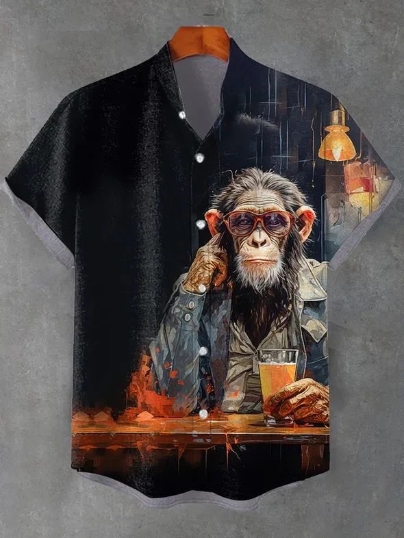 （8 pieces) Men's Casual Patterned Illustration Short Sleeve Shirt 