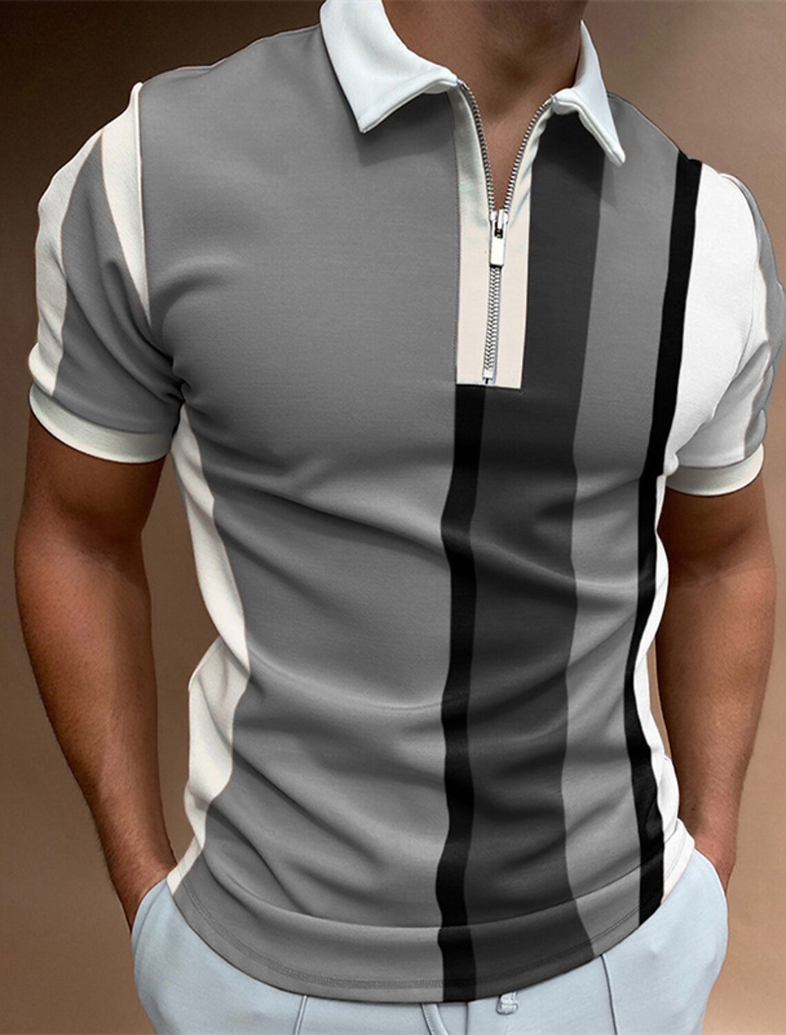 Men's Casual Art Graphic Short Sleeve Zip Polo Shirt