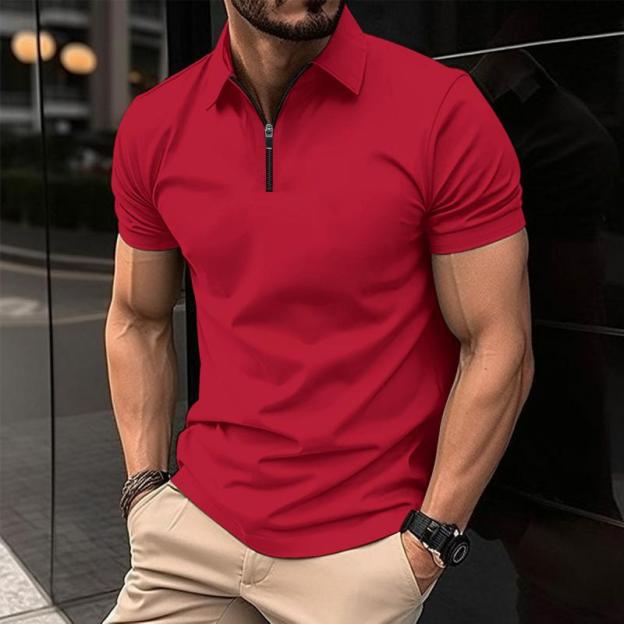 Men's Solid Color Zip Lapel Short Sleeve Polo Shirt 38534613Z