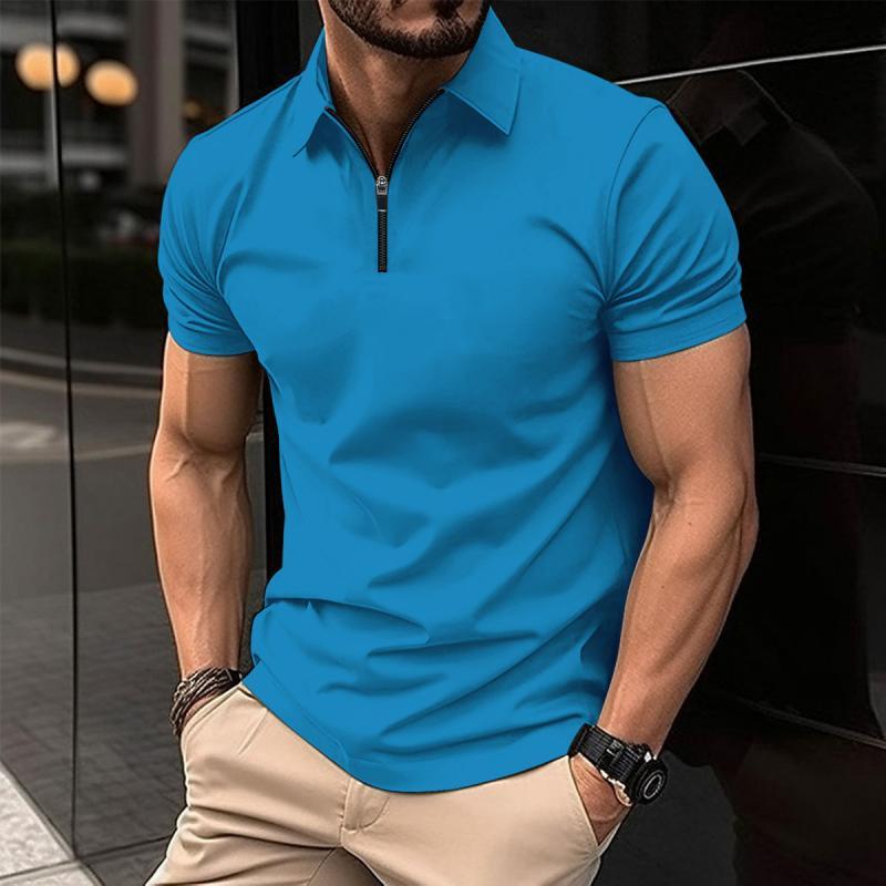 Men's Solid Color Zip Lapel Short Sleeve Polo Shirt 38534613Z