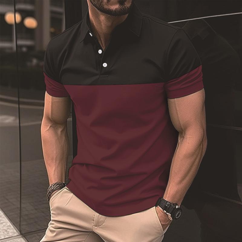 Men's Casual Color Block Slim Fit Lapel Short Sleeve Polo Shirt 048401