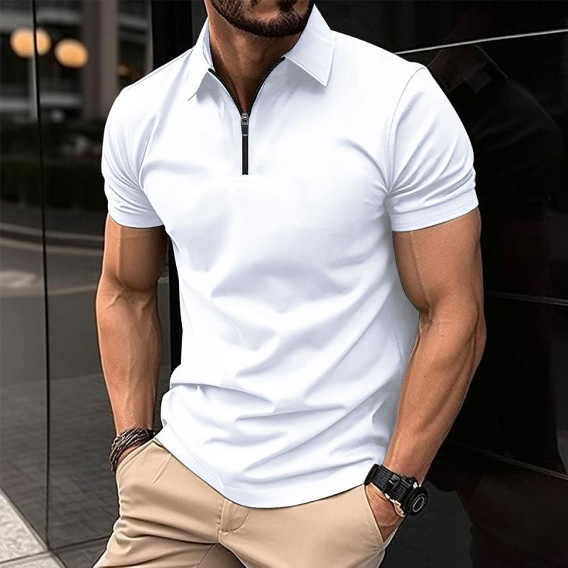 Men's Solid Color Zip Lapel Short Sleeve Polo Shirt 38534613Z