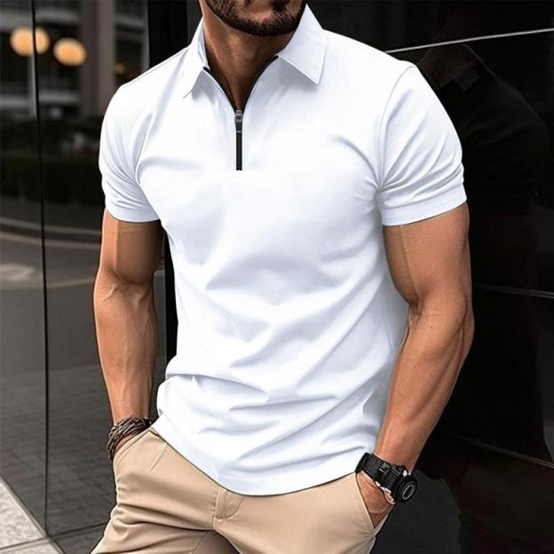 Men's Solid Color Zip Lapel Short Sleeve Polo Shirt 38534613Z