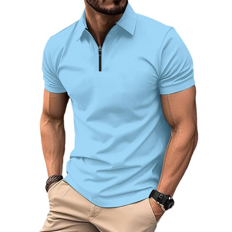 Men's Solid Color Zip Lapel Short Sleeve Polo Shirt 38534613Z