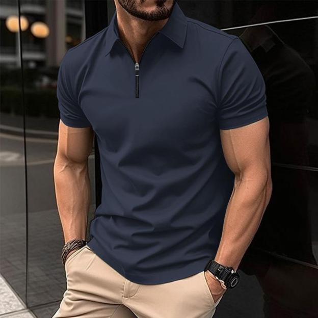 Men's Solid Color Zip Lapel Short Sleeve Polo Shirt 38534613Z