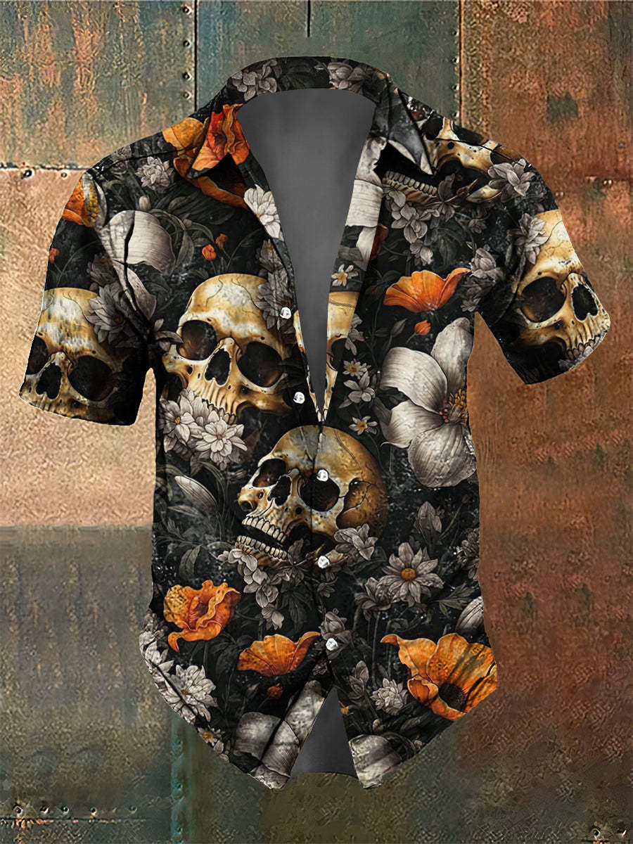 Men's Retro Dark Style Skull And Flower Print Shirt