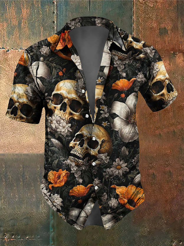 Men's Retro Dark Style Skull And Flower Print Shirt