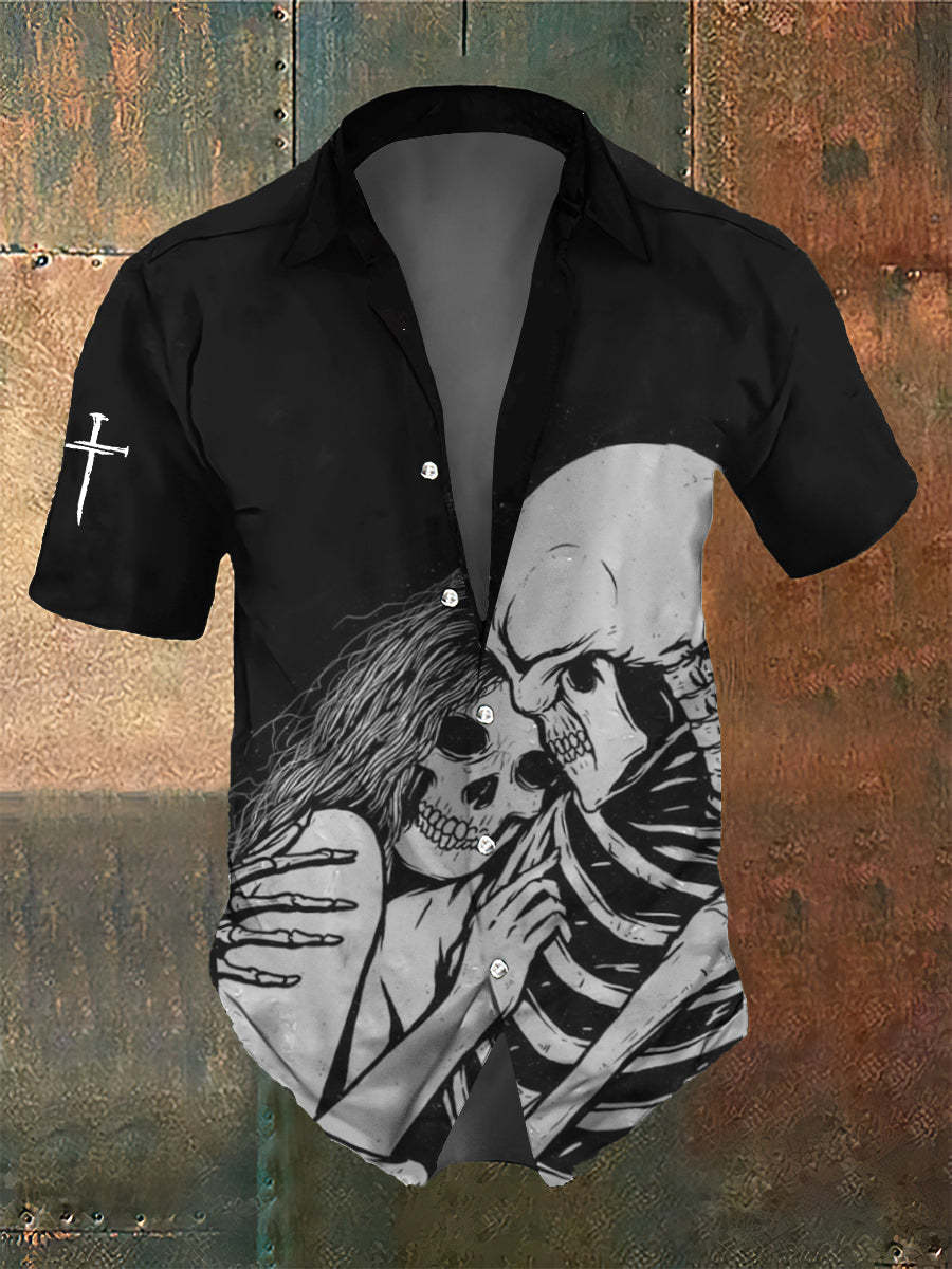 Men's Retro Dark Style Skull Lover Print Shirt
