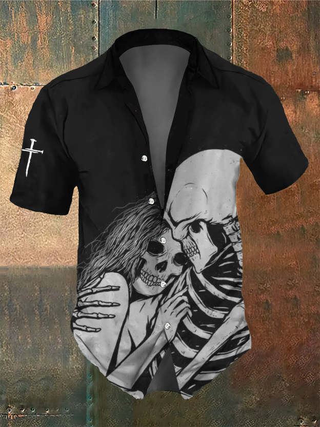 Men's Retro Dark Style Skull Lover Print Shirt