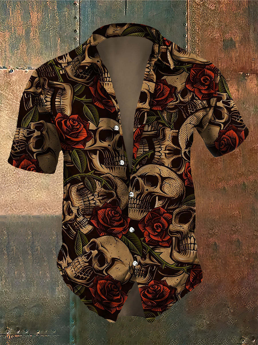 Men's Retro Dark Style Skull Rose Print Casual Shirt