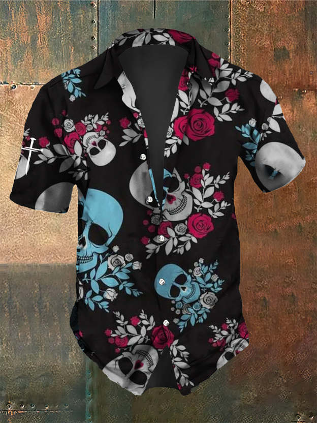 Men's Retro Dark Style Cute Skull Print Shirt