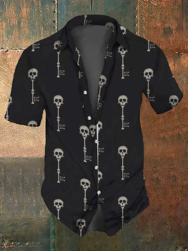 Men's Retro Dark Style Skull Key Print Shirt