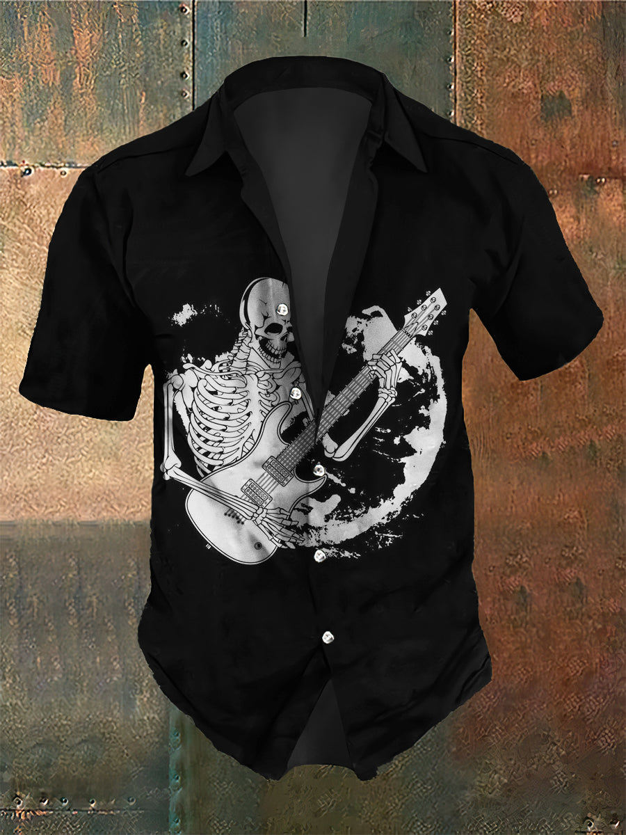 Men's Retro Dark Style Punk Guitar Skull Print Shirt
