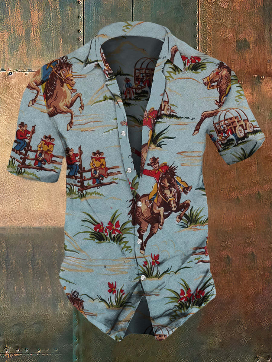 Men's Retro Western Cow-Boy And Floral Print Shirt