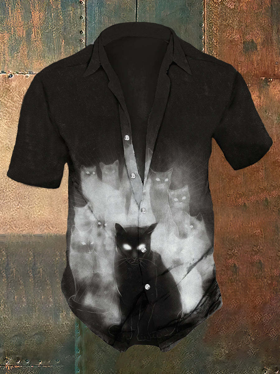 Men's Retro Dark Style Cat And Ghost Print Shirt