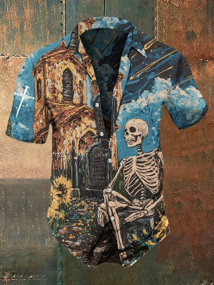 Men's Retro Dark Style Skull Sunflowers Print Shirt