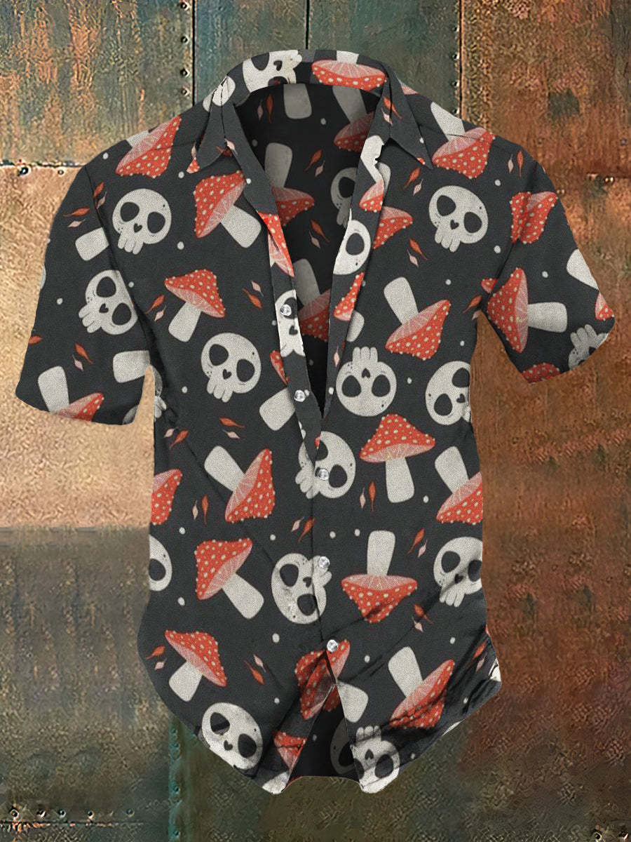 Men's Retro Cartoon Style Skull And Mushroom Print Shirt