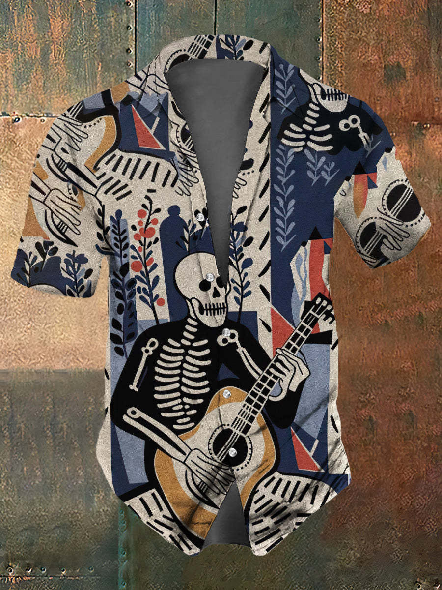 Men's Retro Dark Style Skull Play Guitar Print Shirt