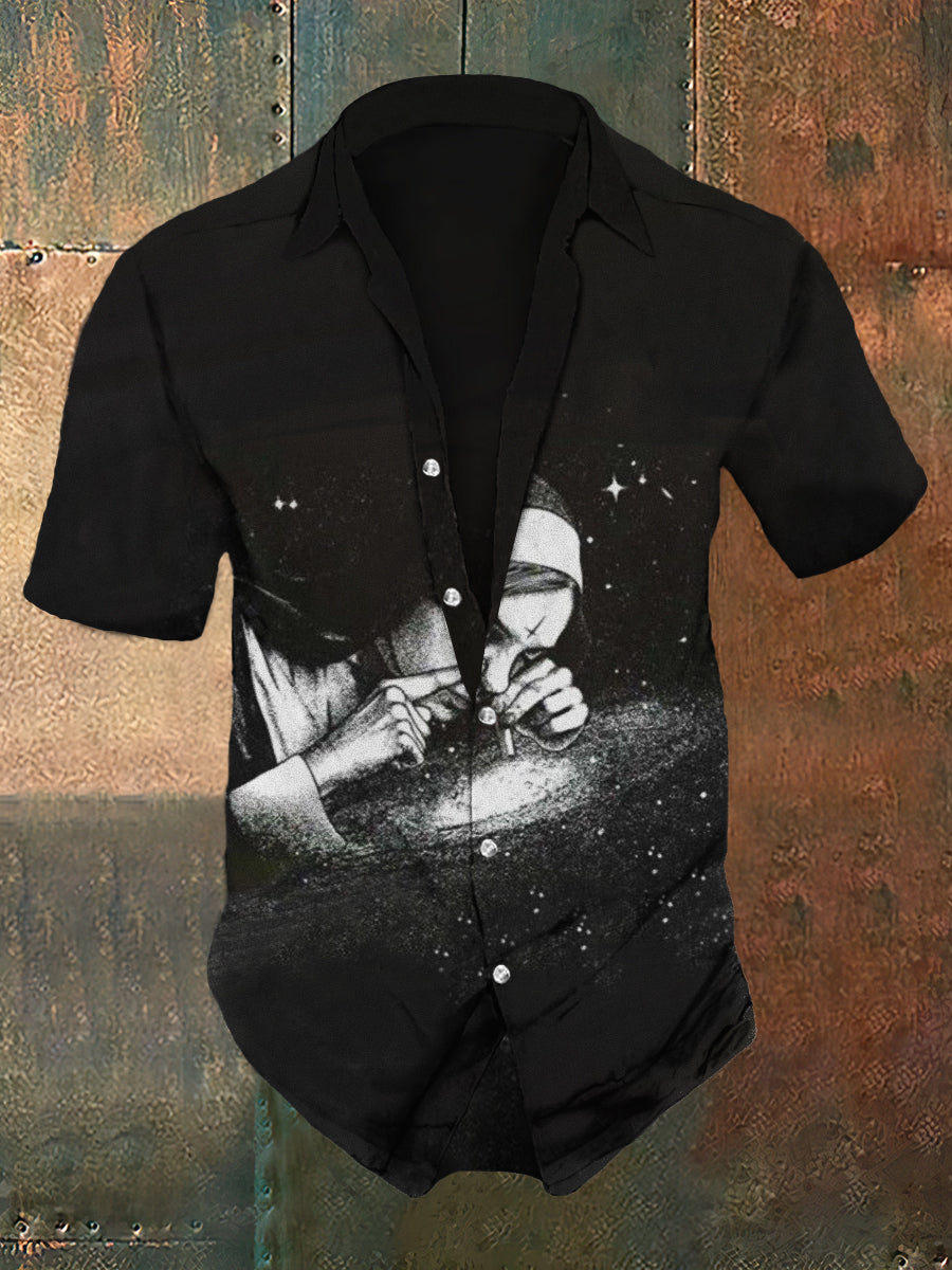 Men's Retro Dark Style Bad Nun Print Shirt