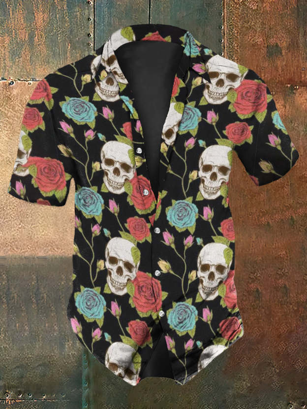 Men's Retro Dark Style Skull Rose Print Casual Short Sleeve Shirt