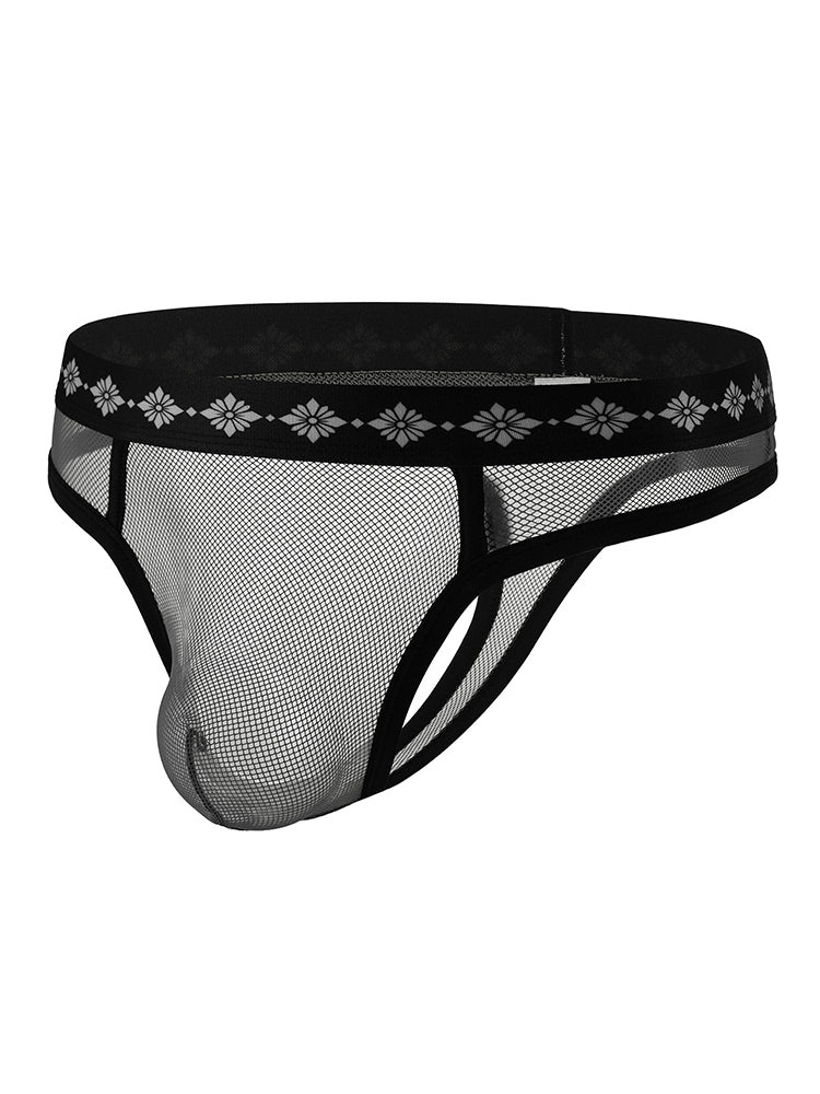 ORLVS Men's 3-Pack Low-Rise Cutout Mesh Thongs with Floral Waistband