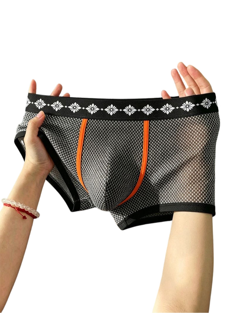 ORLVS Men's 3-Pack Low-Rise Mesh Trunks with Large Pouch and Printed Waistband