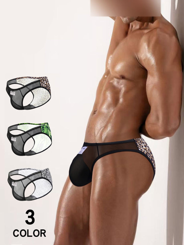 ORLVS Men's 2-Pack Leopard Print Briefs with Sheer Mesh Panel