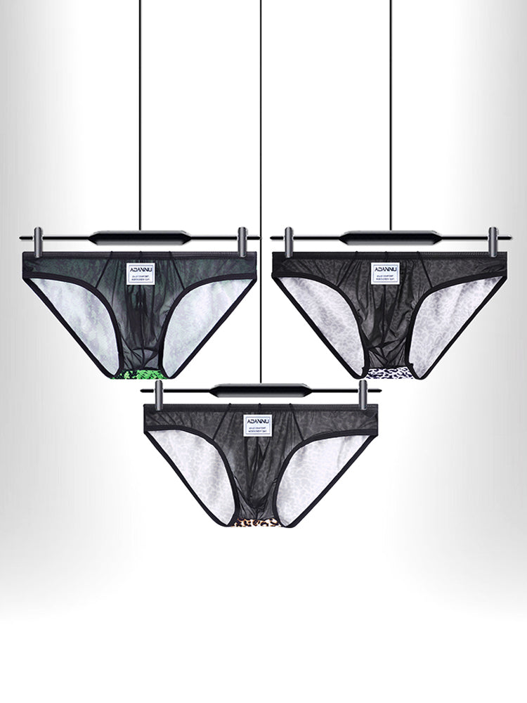 ORLVS Men's 2-Pack Leopard Print Briefs with Sheer Mesh Panel