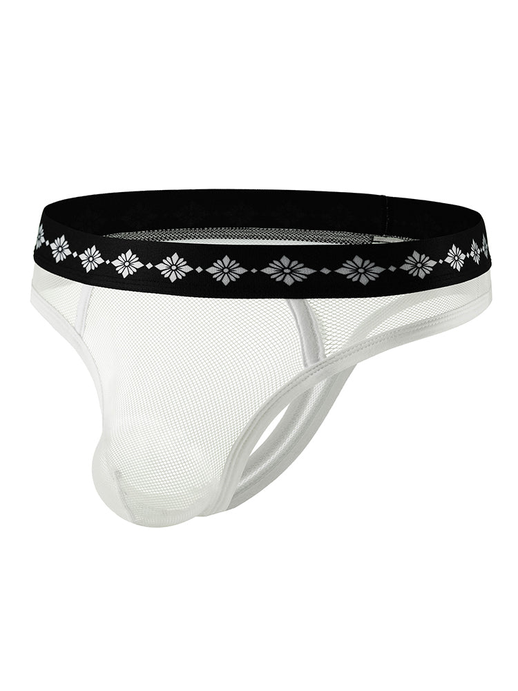 ORLVS Men's 3-Pack Low-Rise Cutout Mesh Thongs with Floral Waistband