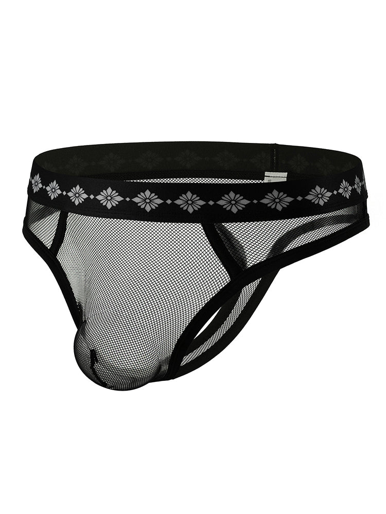 ORLVS Men's 3-Pack Low-Rise Cutout Mesh Thongs with Floral Waistband