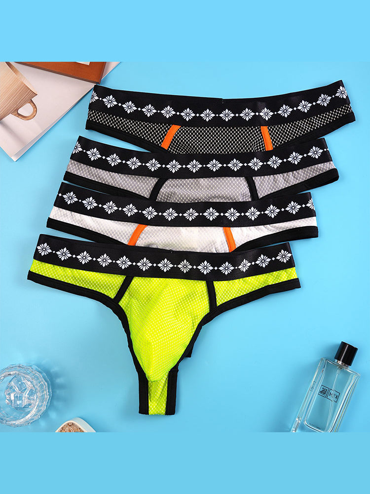 ORLVS Men's 3-Pack Low Rise Mesh Thongs with Contrast Waistband
