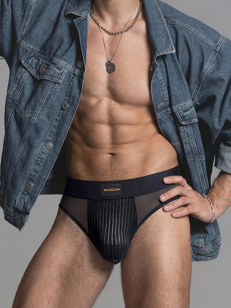 ORLVS Men's Sheer Mesh Briefs with Striped Front Panel