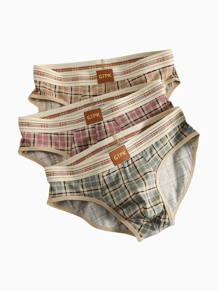 ORLVS Men's 4-Pack Plaid Briefs with 3D Mesh Pouch and Contrast Waistband