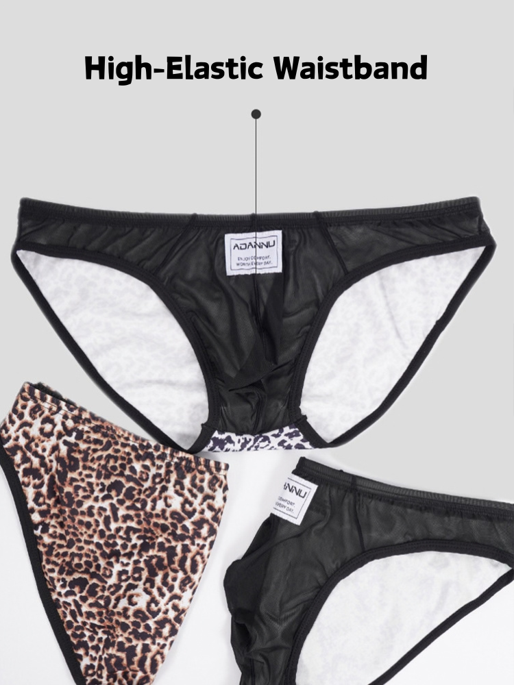 ORLVS Men's 2-Pack Leopard Print Briefs with Sheer Mesh Panel